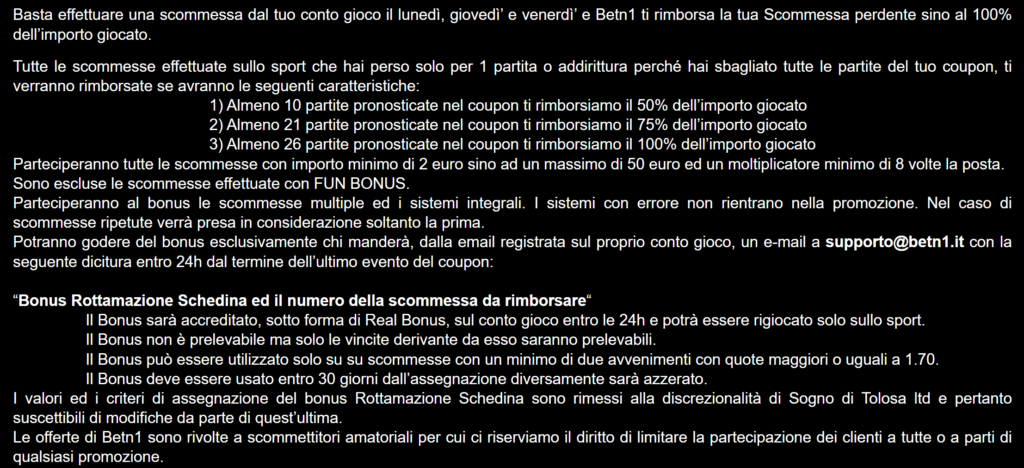 Betn1 Promo Rottamazione Schedina: Fino al 100% di Rimborso! 2 Betn1 Promo Rottamazione Schedina Regole