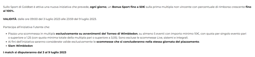 Goldbet Schedina Wimbledon: 100% di Bonus sulla Multipla Perdente! 4 Goldbet Schedina Wimbledon Regole