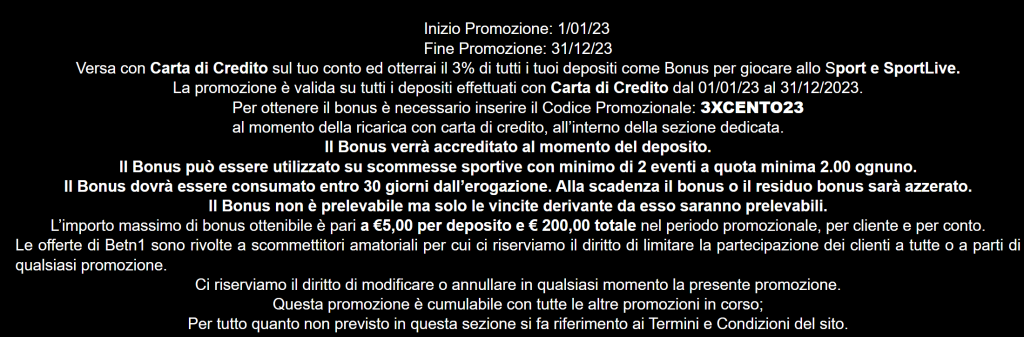 Scopri la Promo Betn1 3%! 1 Promo Betn1 3%